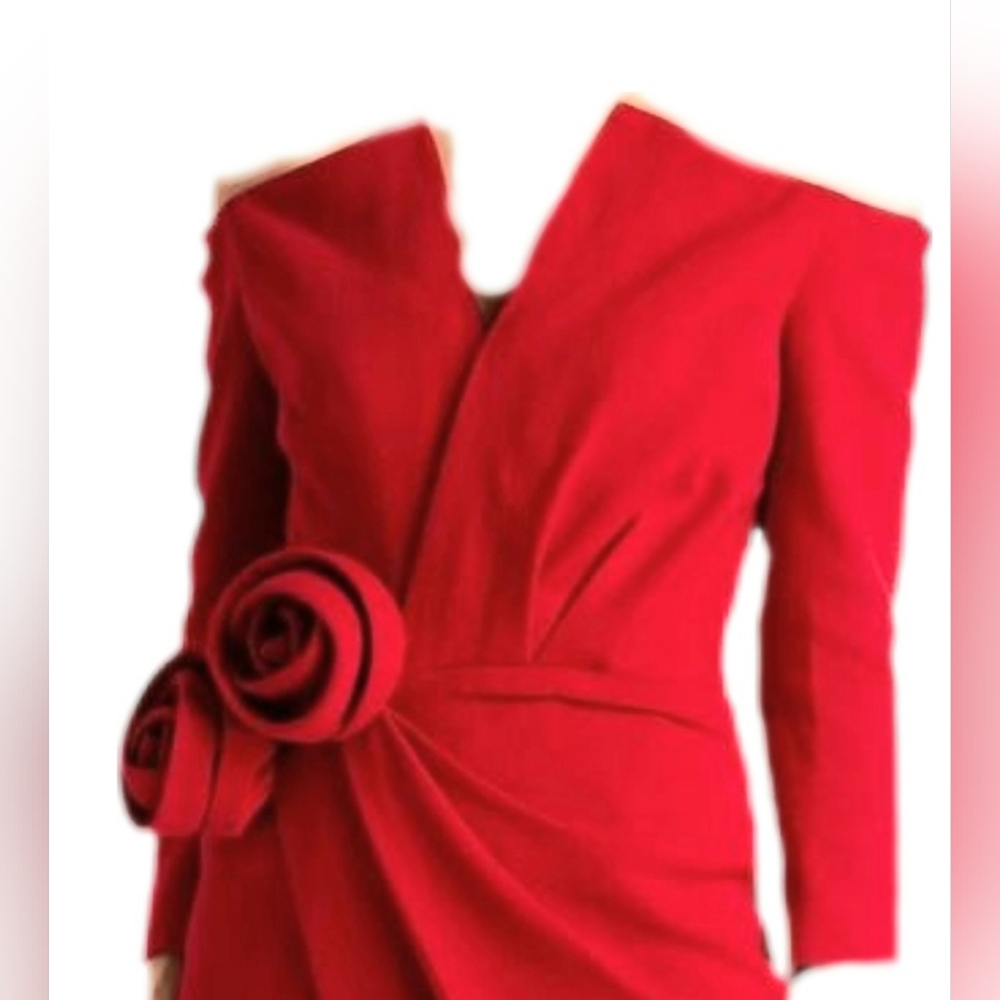 ^$3,490 OSCAR DE LA RENTA RED WOOL ROSETTE ELEGANT DRESS US 0 - Picture 4 of 10